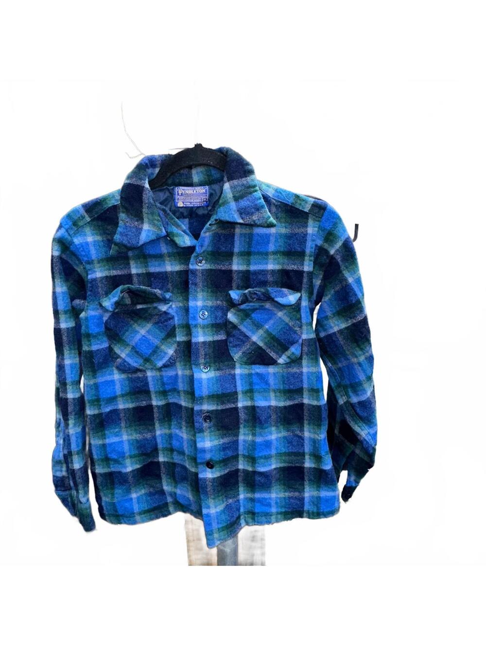 Vintage 70s Pendleton Wool Flannel Shirt Blue Plaid Imperfect